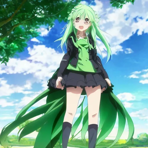 Prompt: anime key visual of a girl with a green outfit green hair and green eyes fascinated by a green paradise ; official media ; 4 k hd ; high quality ; in the rising of the shield hero ( 2 0 1 9 ),