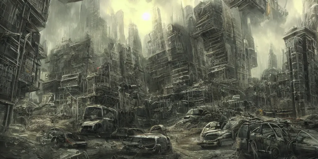Prompt: upside down post-apocalyptic city, sci-fi, cinematic