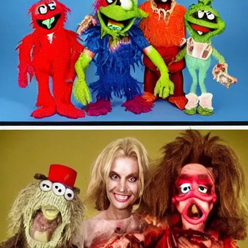 Image similar to zombie fraggle rock muppets, family photo of zombie muppets, dawn of the dead ( 1 9 7 8 ), photo from the 7 0 s