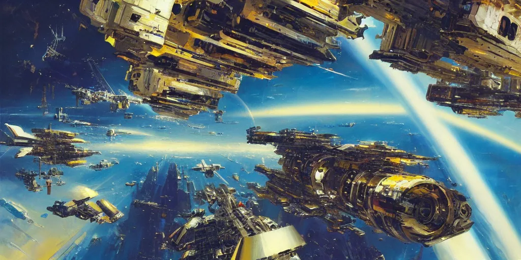 Prompt: John Berkey painting of a massive interior docking spaceship bay just above Earth, 20 mm lens, asymmetrical, cinematic shot, trending on Artstation, High quality image