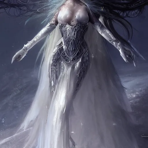 Image similar to kerli koiv as a ice queen full ball gown dress, darkwave, darksynth, concept art, sharp, digital matte painting, art by luis royo, greg rutkowski, wlop, dramatic lighting, trending on artstation