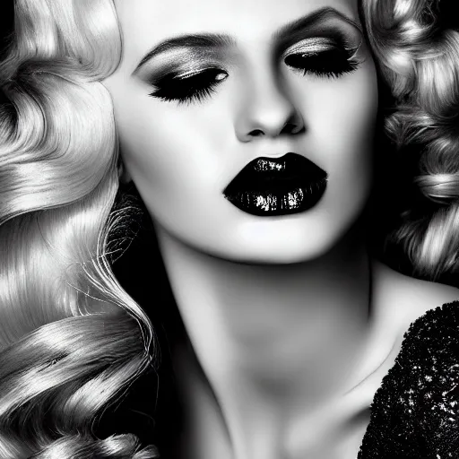 Prompt: stunning black and white portrait of a beautiful blonde woman by kenneth willardt. long curly glossy hair and makeup. vintage glamour. shiny dark lips. fashion photography. highly detailed and realistic watercolor painting on canvas. brush strokes.