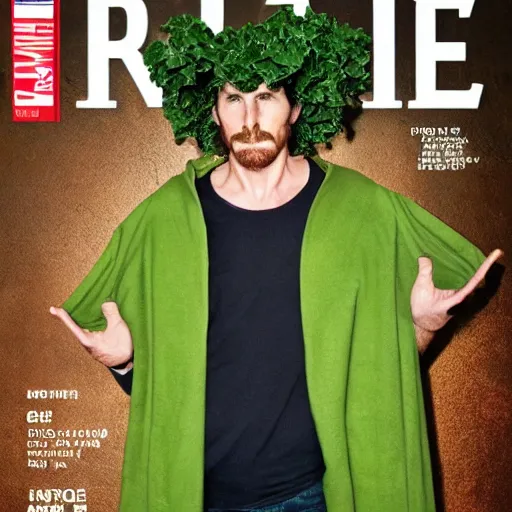 Prompt: christian bale wearing a kale costume, photography, cover