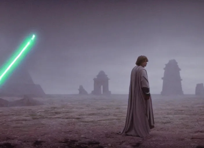 Prompt: epic still of luke skywalker using lightsaber in foggy environment, approaching an ancient temple in the distance, female sith lord in the distance, iconic scene from the 1980s film directed by Stanley Kubrick, cinematic lighting, kodak film stock, strange, hyper real, stunning moody cinematography, with anamorphic lenses, crisp, detailed portrait, 4k image