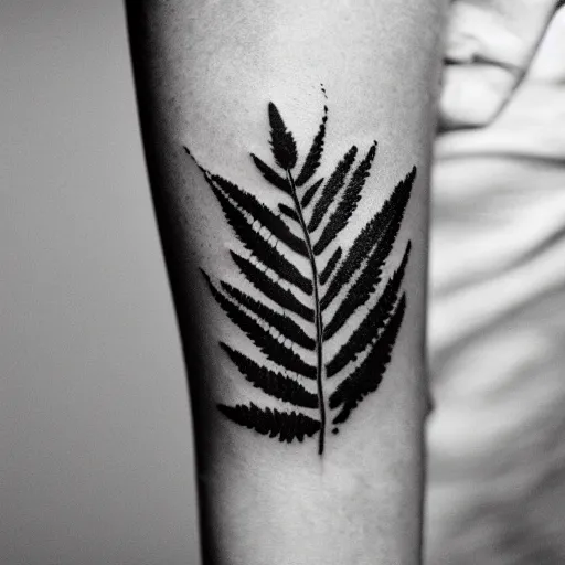 Prompt: tattoo of a fern leave, solid black borders, professional photography, 8k, trending