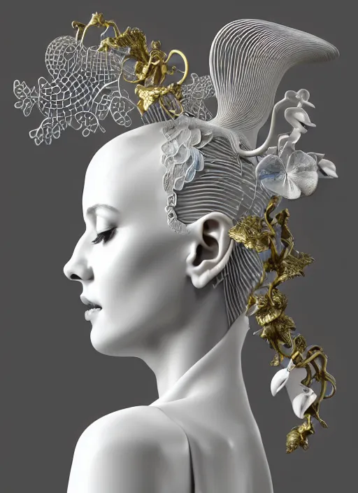 Image similar to complex 3d render ultra detailed of a beautiful porcelain profile woman face, mechanical cyborg, 150 mm, beautiful natural soft light, rim light, mechanical magnolia and ghost orchid big leaves and stems, roots, fine foliage lace, silver and gold details, ornate intricate, maze like, mesh wire hair, intricate details, hyperrealistic, ultra detailed, mandelbrot fractal, anatomical, red lips, white metal neocubism armor, facial muscles, cable wires, microchip, elegant, octane render, H.R. Giger style, 8k