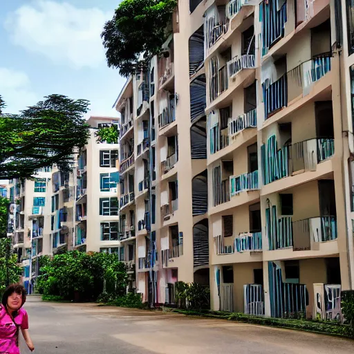 Prompt: walking through a housing estate in singapore