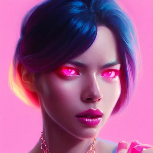 Prompt: portrait of beautiful woman marvel character, confident pose, strong jewelry, wearing chains. pastel pink, bright colors, sharp focus, illustration, highly detailed, concept art, matte, trending on artstation, anime, art by wlop and artgerm and greg rutkowski, h 6 4 0
