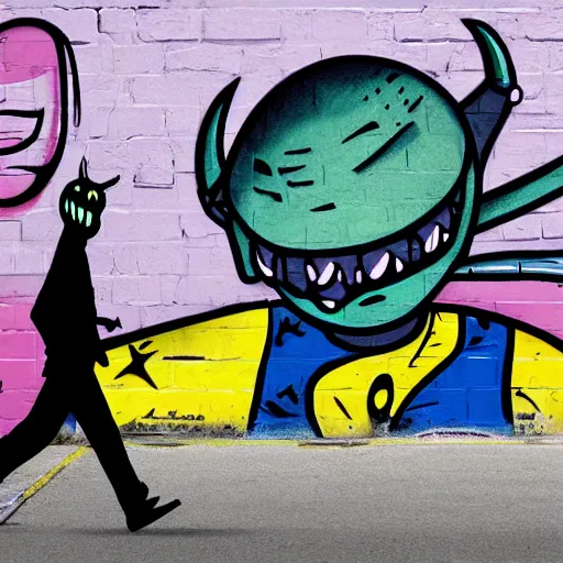 Image similar to friendly alien with starship, graffiti, from a distance, people walking in front, detailed, realistic