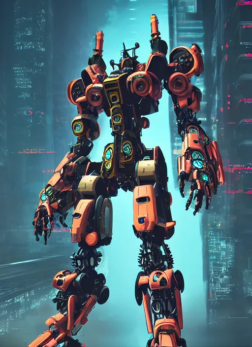 Image similar to intricate digital artwork of a giant japanese anime mecha by by nuthin'but mech, by kallamity sketchbook, inspired by nier : automata, neon city background, octane render, cgstation, 4 k resolution