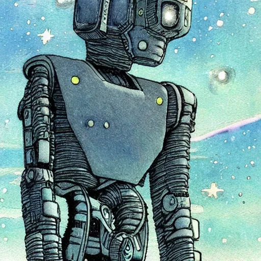 Prompt: [ a humanoid robot looking out over a ruined city ] [ night, stars ] [ gauche watercolour soft beautiful colours ] [ moebius, science fiction art ]