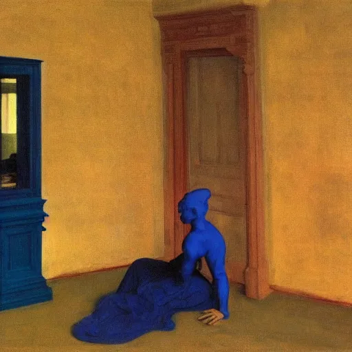 Prompt: a blue demon in an haunted liminal abandoned room, film still by edward hopper, by Pontormo, by klimt, pre-raphaelite. art noveau, art noveau, highly detailed, strong lights, liminal, eerie, Bright pastel colors