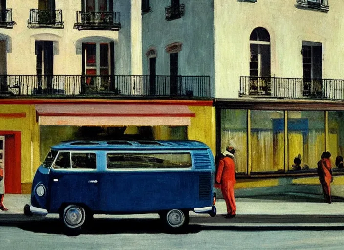 Image similar to painting, two young men and women near blue vw bus, view of paris street, by edward hopper, bernardo bertolucci dreamers movie scene