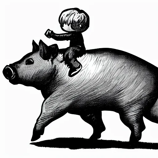 Prompt: small young boy riding large fat pig, black and white, comic book style, line art