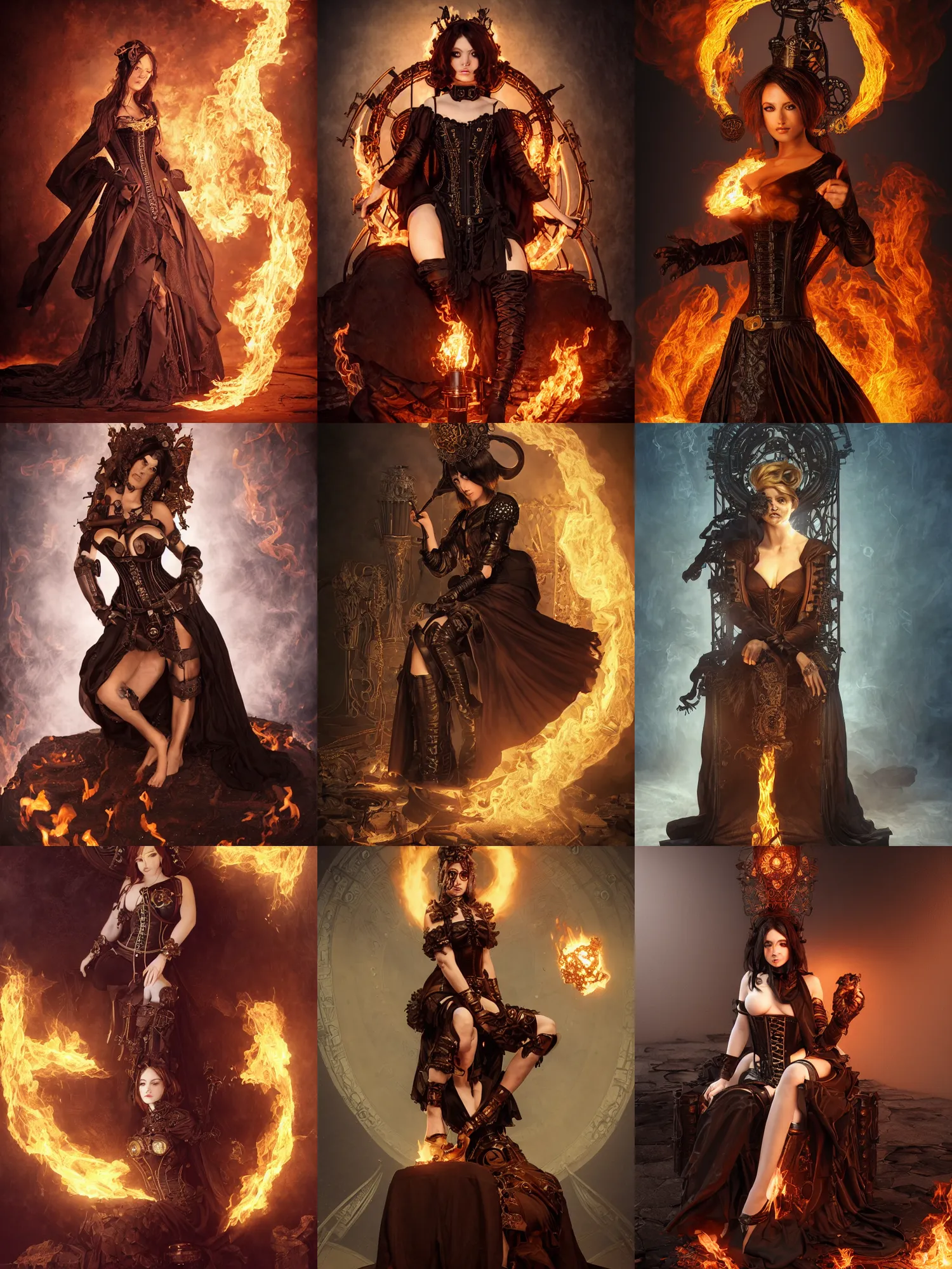 Prompt: steampunk pyromancer woman, ornamental halo, black clothes, corset, brown body, intricate robes, sitting on obsidian throne, fractal fire background, sharp focus, highly detailed, cinematic lighting, studio quality, chiaroscuro, smooth render, unreal engine 5 rendered, octane, rendered, by artgerm, greg rutkowski, alphonse mucha