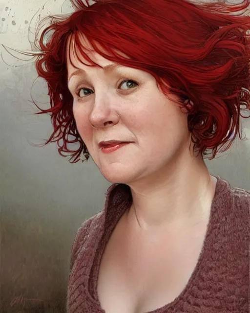 Image similar to portrait of happy short and plump 5 0 - year - old woman with red hair and, kind face, round face, short hair, molly weasley, wearing in cardigan, hyper realistic face, beautiful eyes, close up, fantasy art, in the style of greg rutkowski, intricate, alphonse mucha, hyper detailed, smooth