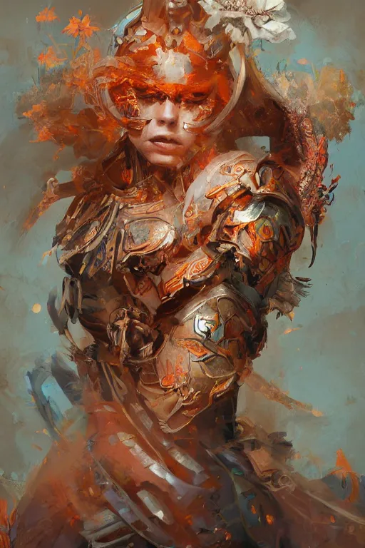 Prompt: portrait of beautiful young mainem, warhammer, japaneese style, cyberpunk armor, a lot of more scars, more and more flowers, orange head, the middle ages, highly detailed, artstation, illustration, art by greg rutkowski, 8 k quality