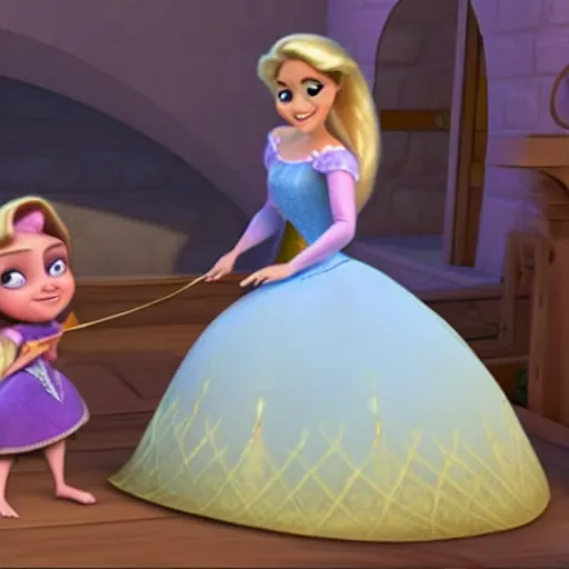 Prompt: a screenshot from Disney's Tangled of Rapunzel from Disney's Tangled playing with a laptop while sitting on a bed. She has on a purple dress with white accents and her hair is down.