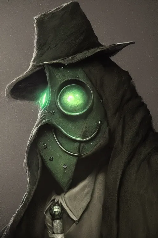 Prompt: A closeup of a green Plague Doctor by Greg Rutkowski, Dan Mumford, Bloodborne, 4k photorealistic, volumetric lighting, HD, high details, dramatic, dark atmosphere, trending on artstation