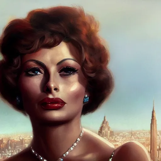 Prompt: closeup portrait of a young sophia loren, 1 9 2 0 s, femme fatale, city background, megacity, high fantasy, dramatic light, gorgeous view, depth, high detail, digital art, painted by greg rutkowski, trending on artstation