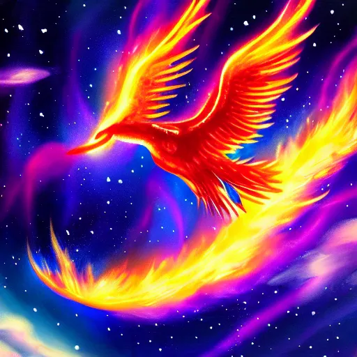 Image similar to Stargliding Flaming Phoenix Flying through Outer Space, Nebula Background, Stars, Artstation Painting