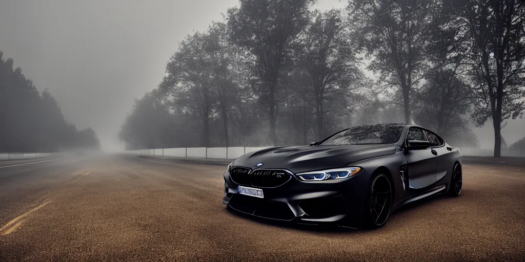parked vantablack BMW M8, fog, rain, volumetric, Stable Diffusion