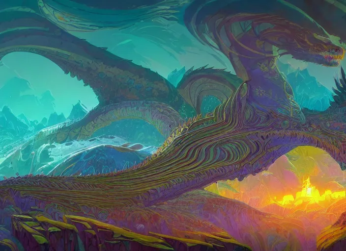 Image similar to psychedelic concept art of a dragon landscape made of thousands of spiraling dragons, cel shaded, in the style of makoto shinkai and moebius and peter mohrbacher and anton fadeev