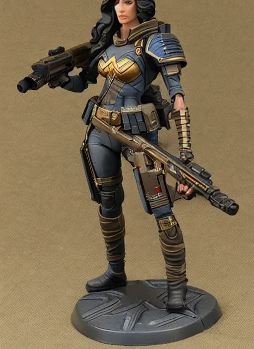 Prompt: 8 0 mm resin detailed miniature of a warhammer 4 0 k gal gadot sniper, product introduction photos, 4 k, full body,