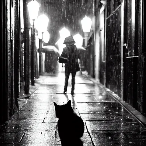 Prompt: a cat wearing jacket walking through the alley night rim light rainy sin city