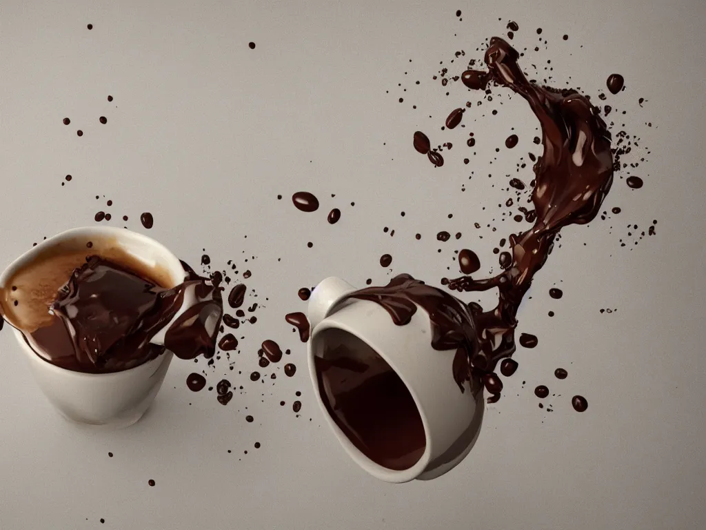 Image similar to 3D art, a coffee cup shattering against a wall, coffee splash, simulation, render, octane render, zbrush, ultra detailed