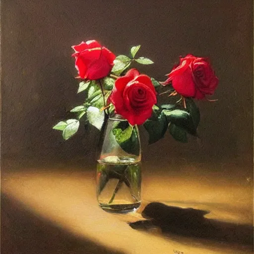 Prompt: oil paintong by frans mortelmans, roses in cinematic light, shadows, dramatic and very very very very beautiful masterpiece