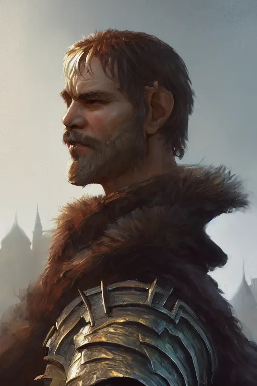 Image similar to dungeons and dragons warrior king character closeup portrait, dramatic light, castle background, 2 0 0 mm focal length, painted by stanley lau, painted by greg rutkowski, painted by stanley artgerm, digital art, trending on artstation