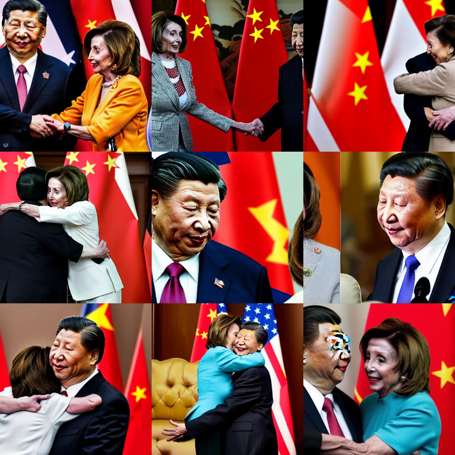 Prompt: high resolution photograph of Nancy Pelosi and Xi Jinping hugging