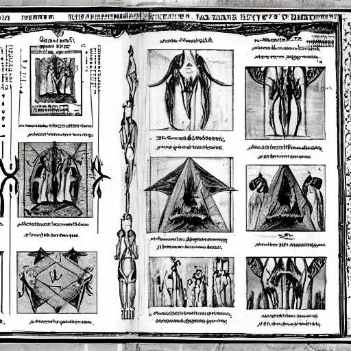 Image similar to found pages from a satanic occult textbook written in the 1 9 2 0 ’ s. pictures, diagrams