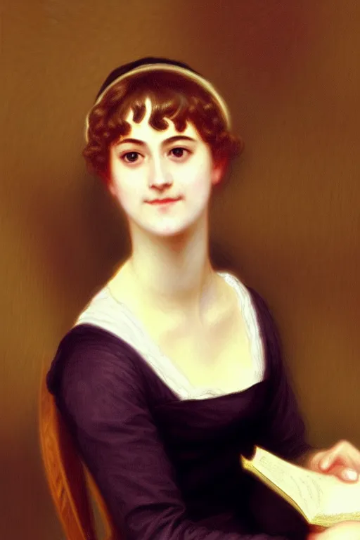 Image similar to jane austen, reeding books, painting by rossetti bouguereau, detailed art, artstation