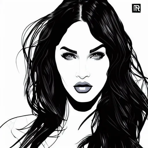 Prompt: megan fox portrait, artwork by rari temper, graphic design, flat color and line, sketch, digital illustration