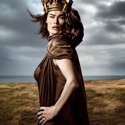 Image similar to full body photograph of Lena Headey as Helen of Troy, very beautiful, alluring expression, windy, coast in the background, dark sky, dramatic lighting