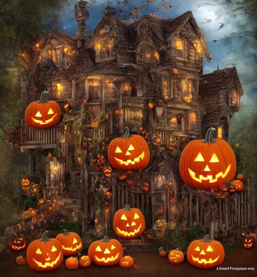 Prompt: a halloween house with pumpkins and jack - o - lantern decorations, a digital rendering by anne stokes, pinterest contest winner, gothic art, grotesque, diorama, made of cardboard