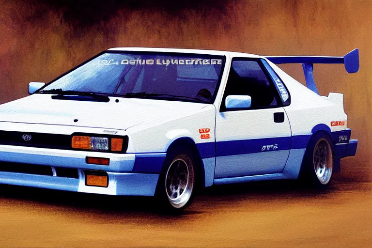 Prompt: initial d toyota ae 8 6, drifting, vibrant colors and hard shadows and strong rim light, light blue clear sky, cool white color temperature, painting by gaston bussiere, craig mullins, j. c. leyendecker