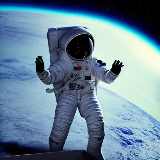 Prompt: 4 k realistic photo of an astronaut walking around a futuristic spaceship, highly detailed