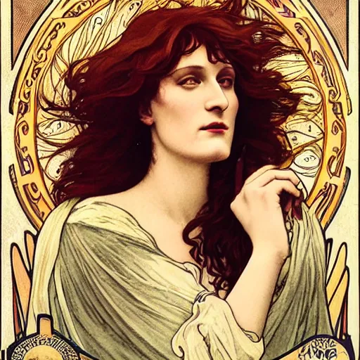 Image similar to florence welch portrait by louis - theophile hingre and alphonse mucha, realistic, sharp focus, zodiac signs, tarot cards, planets, ethereal, art nouveau, magic, moon, sun, crown, dreamy, royal, jewellery