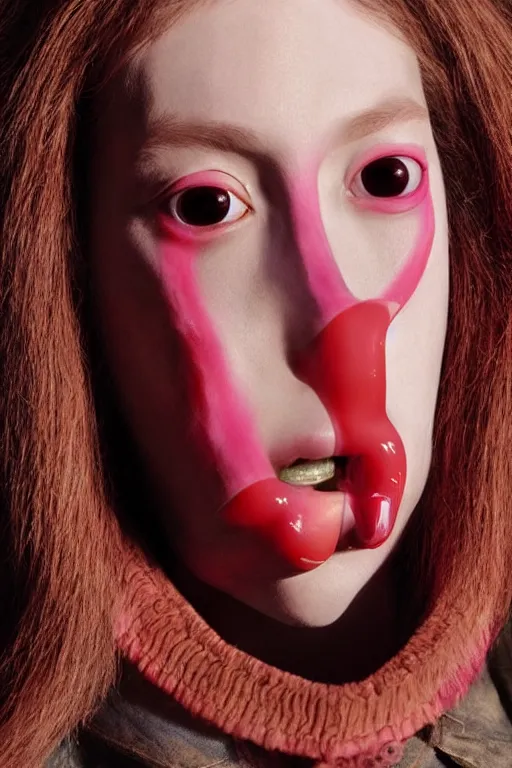 Image similar to comme des garcons campaign featuring jar jar binks as a female cowgirl, long eyeslashes, huge juicy lips, big seductive eyes, unprocessed colors, # nofilter, realistic vfx simulation