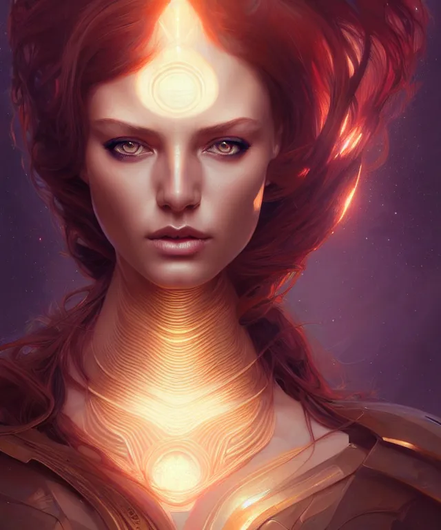 Image similar to futuristic woman portrait, sci-fi, amber eyes, face, long hair, fantasy, intricate, elegant, highly detailed, digital painting, artstation, concept art, smooth, sharp focus, illustration, art by artgerm and greg rutkowski and alphonse mucha