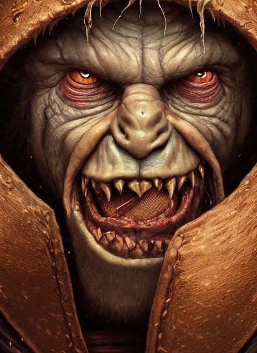 Image similar to highly detailed closeup portrait of an angry medieval goblin, stephen bliss, unreal engine, greg rutkowski, ilya kuvshinov, ross draws, hyung tae and frank frazetta, tom bagshaw, tom whalen, nicoletta ceccoli, mark ryden, earl norem, global illumination, god rays, detailed and intricate environment