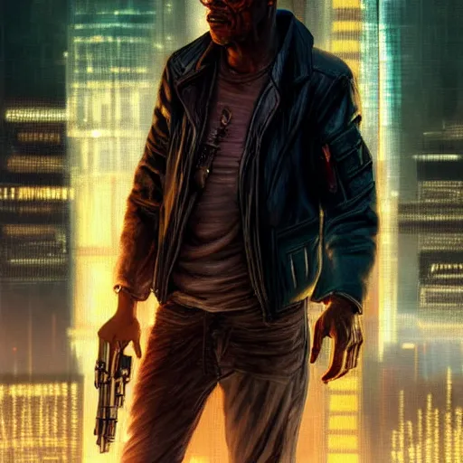 Prompt: samuel jackson, cyberpunk ex soldier with a scar in his face, sunset, neuromancer, cyberpunk city background, megacity, gorgeous view, depth, painted by seb mckinnon, high detail, digital art, painted by greg rutkowski, trending on artstation