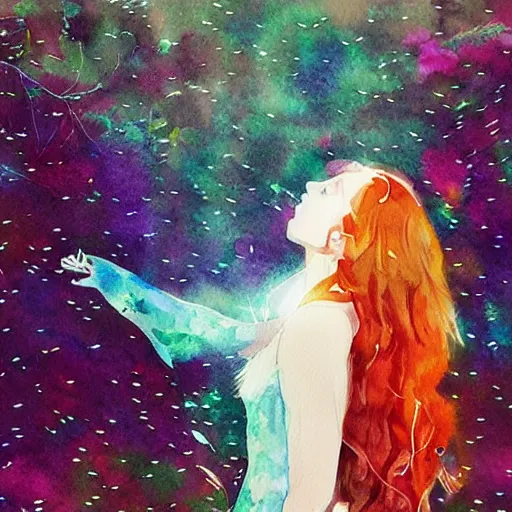 Image similar to “album cover very beautiful watercolor painting of redhead girl singing in a magic forest in a cyberpunk pixelsorting style”