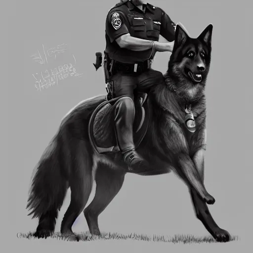 Image similar to police officer riding a giant German shepherd in the city, trending on artstation