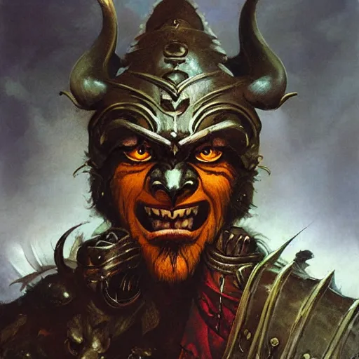 Image similar to head and shoulders portrait of a rakshasa, d & d, fantasy, greg rutkowski, frank frazetta, alexandre chaudret, boris vallejo, michael whelan, miro petrov, hr giger, magali villeneuve, donato giancola