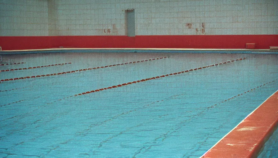 Prompt: 60s movie still of a sovietic stalinist style empty Olympic swimming poil with tiles, cinestill 800t 50mm eastmancolor, liminal Space style, heavy grain-s 150