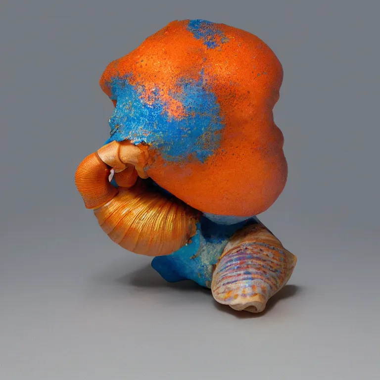 Image similar to hyperrealistic sculpture of a bronze conch snail hermit crab dusted with blue and orange spraypaint in a grid cage on a pedestal by ron mueck and duane hanson and lee bontecou, hyperrealistic dramatic colored lighting trending on artstation 8 k